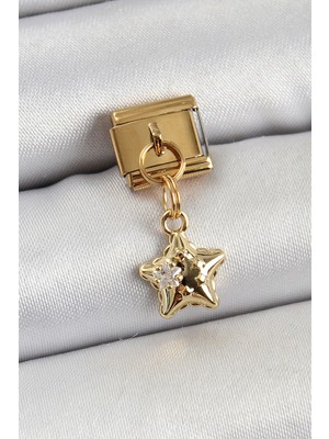 TeknoKapsül 316L Çelik Sallantılı Zirkon Taşlı Yıldız Model Gold Renk Nomination Charm -