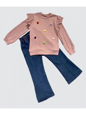 TeknoKapsül 4-5-6 Yaş Kot Pantolonlu Flamingo Desenli Penye Sweat Uzun Kollu 2li Kız Çuk Takımı Gül Kurusu