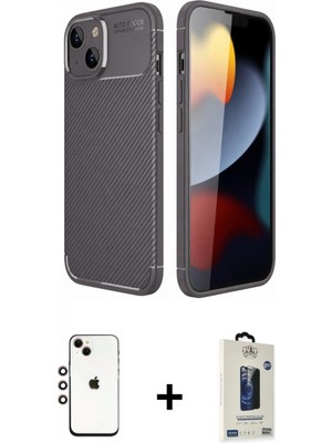 Marsilyan™- iPhone 14 Kılıf Eksen Form Prime - Siyah Bilvis Hayalet Cam Ekran Koruyucu + Gökkuşağı Shine Kamera Lens