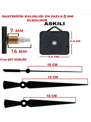 Cnr Shop Saat Mekanizması, 14 mm Şaft Boyu, Akar Sessiz Duvar Saati Mekanizması, 3D Saatlere Uyumlu Akrep-Yelkovan-Saniye-(Askılı)