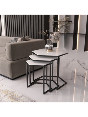 Usta Mekan Altıgen Siyah Metal Beyaz MDF Tablalı 3lü Zigon Sehpa Modern Tasarım ile Şık Dekor