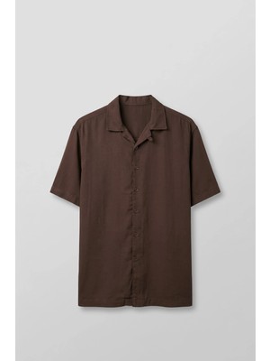 Abluka Online Erkek Relaxed Fit Açık Yaka Kısa Kollu Tencel Gömlek Kahverengi