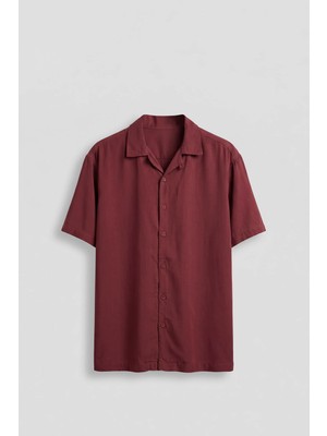 Abluka Online Erkek Relaxed Fit Açık Yaka Kısa Kollu Tencel Gömlek Kırmızı