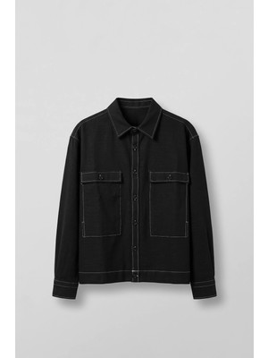 Abluka Online Erkek Boxy Fit Kontrast Dikişli Pamuklu Overshirt Gömlek Siyah