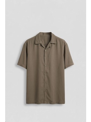 Abluka Online Erkek Relaxed Fit Açık Yaka Kısa Kollu Tencel Gömlek Haki