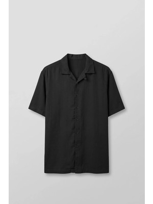 Abluka Online Erkek Relaxed Fit Açık Yaka Kısa Kollu Tencel Gömlek Siyah