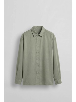 Abluka Online Erkek Oversize Tencel Karışımlı Uzun Kollu Gömlek Haki Yeşil