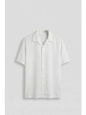 Abluka Online Erkek Relaxed Fit Açık Yaka Kısa Kollu Tencel Gömlek Beyaz