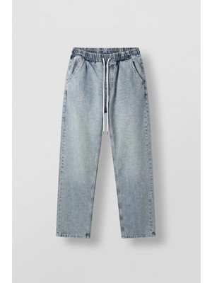 Abluka Online Erkek Relaxed Fit Beli Lastikli Jean Pantolon Açık Mavi