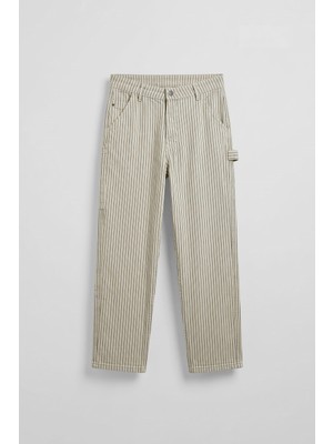 Abluka Online Erkek Baggy Fit Çizgili Jean Pantolon Bej