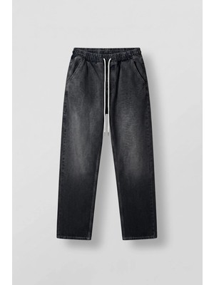 Abluka Online Erkek Relaxed Fit Beli Lastikli Jean Pantolon Siyah