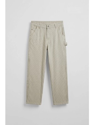Abluka Online Erkek Baggy Fit Çizgili Jean Pantolon Bej