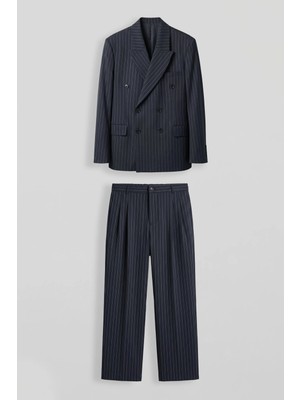 Abluka Online Erkek Oversize Kruvaze Çizgili Modern Takım Elbise Lacivert