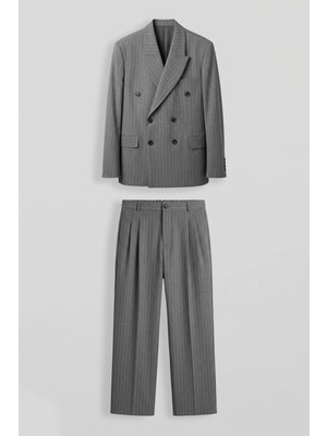 Abluka Online Erkek Oversize Kruvaze Çizgili Modern Takım Elbise Gri