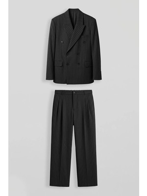 Abluka Online Erkek Oversize Kruvaze Çizgili Modern Takım Elbise Siyah
