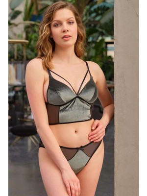 Vip Marketim Vipmarketim Kadife Balensiz Desteksiz Dolgusuz Yaka Detaylı Bralet Sütyen ve Slip Takım