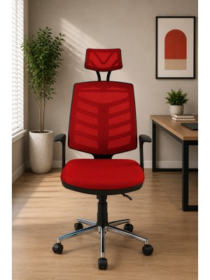 Ofiscore Ergonomik Kırmızı Başlıklı Ofis Koltuğu – Fileli Yönetici ve Çalışma Koltuğu, Krom Ayaklı Bilgisayar Koltuğu