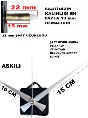 Cnr Shop Duvar Saati Mekanizması, 22 mm Şaft, Saat Mekanizma, Sessiz Çalışır Akrep-Yelkovan-Saniye-(Askılı)