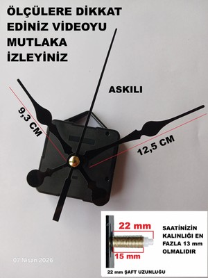 Cnr Shop Akar Mekanizma 22 mm Şaft Duvar Saati Mekanizması,  Sessiz Çalışır Akrep-Yelkovan-Saniye-(Askılı)