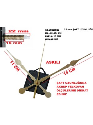 Cnr Shop 22 mm Şaft Boyu Duvar Saati Mekanizması Sessiz Çalışır Büyük Boy Akrep-Yelkovan-Saniye-(Askılı)