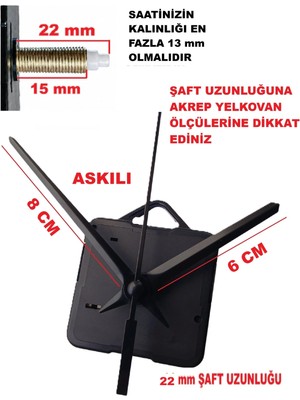 Cnr Shop Saat Mekanizması 22 mm Şaft Boyu Akar Sessiz Çalışır, Akrep-Yelkovan-Saniye-(Askılı)