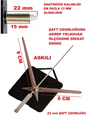 Cnr Shop Saat Mekanizması 22 mm Şaft Boyu Akar Sessiz Çalışır, Akrep-Yelkovan-Saniye-(Askılı)