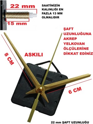 Cnr Shop Saat Mekanizması 22 mm Şaft Boyu Akar Sessiz Çalışır, Akrep-Yelkovan-Saniye-(Askılı)