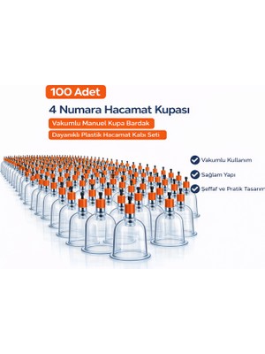 Uravas Store 4 Numara Hacamat Kupası 100 Adet Vakumlu Manuel Kupa Bardak Dayanıklı Plastik Hacamat Kabı