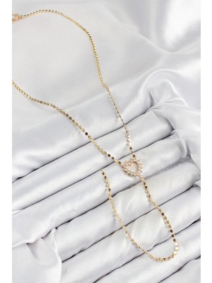 Renas Store Mey Ithalat® Pirinç Zirkon Taşlı Ezme Zincirli Kalp Model Gold Renk Y Kolye