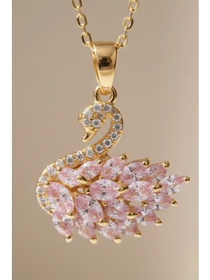 Rua Jewelry Çelik Soft Pembe Kristal Kuğu Kolye Altın Renk | Kararmaz ,kadın , 2 Yıl Garantili