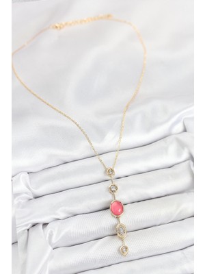 Renas Store Mey Ithalat® Pirinç Zincir Pembe Gold Renk Zirkon Taşlı Y Kolye