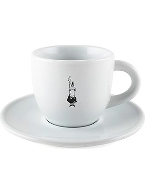Uravas Store Bialetti - Moka Kahve Fincanı ve Tabağı - 80ML - Bialetti Ikonik Bıyıklı Adam Desenli - Porselen