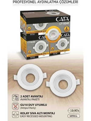 Cata CT-5040 Jaguar Yuvarlak Sıva Altı Boş Spot Kasası - Beyaz Kasa GU10