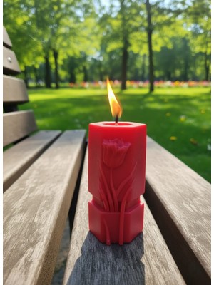 AY IŞIĞI MUMLARI Lale Desenli Hediyelik Dekoratif Pudra Kokulu Parafin Wax Mum (Kırmızı Renkli)