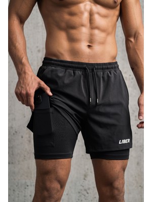 Liber 2-In-1 Erkek Running Sport Hızlı Kuruma Gym Fermuarlı Cepli Hafif Şort