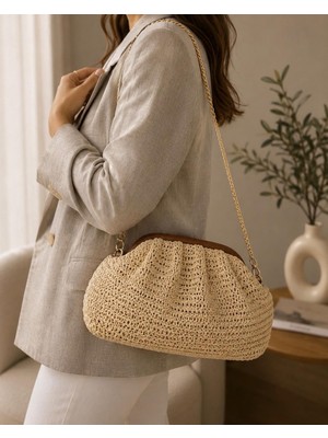 Zarena Official Sahara Straw - Hasır Örgü Zincir Askılı Portföy El ve Omuz Çantası - Kilitli Küçük Boy Clutch