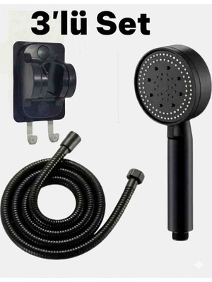 Segy Home 3'lü Set 5 Kademeli Siyah Duş Başlığı + 150 cm Duş Hortumu + Askı Aparatı( Yapışkanlı Mafsal)