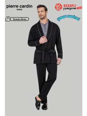 Pierre Cardin Premium Robdöşambırlı Pamuk Uzun Kollu Pijama Atlet Boxer Çorap Kutulu Damat Çeyiz Set