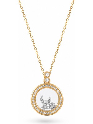 Serelya 316L Çelik Gold Renk Zirkon Taş Detay Ay Yıldız Fanus Model Kadın Kolye