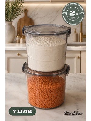 Stile Cucina Mega Boy Avantajlı 2li Yuvarlak Un Bakliyat Kabı- Kulplu Deterjanlık Saklama Kutusu 7 Litre Antrasit