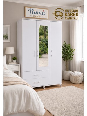 Ninna Mobilya 3 Kapaklı Aynalı Raflı Modern Gardırop