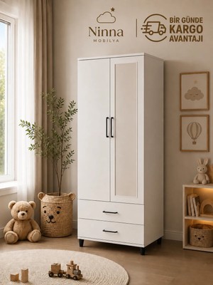 Ninna Mobilya Aynalı 2 Kapaklı 2 Çekmeceli Gardırop - BEYAZ(70X172X40 Cm)
