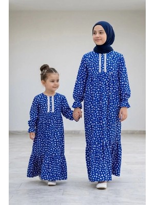 Betül Akbay Kız Çocuk Tesettür Elbise - Pamuklu Viskon Zümra Model Tam Boy Mavi