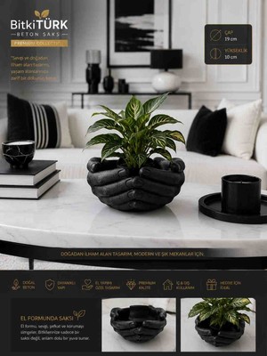 🖤🌿 Bitkitürk El Formlu Beton Saksı | 19 cm | Dekoratif Sukulent ve Iç Mekan Bitki Saksısı | Premium Tasarım | Çok Amaçlı Organizer