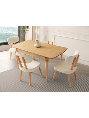 Viento Mobilya Öykü Meşe Renk Mdf Açılır 130X80 Masa 4 Adet Masal Calve Kumaş Naturel Iskelet Sandalye Masa Takımı