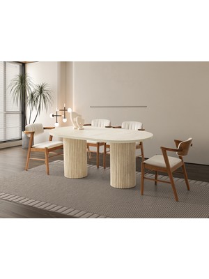 Viento Mobilya Orkide Traverten Desen Mdf Sabit 170X90 Masa 6 Adet Zeus Babyface Kumaş Ahşap  Ceviz Iskelet Sandalye Masa Takımı