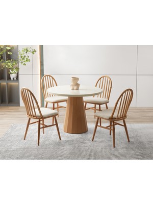 Viento Mobilya Orkide Yuvarlak Aytaşı Renk Highgloss Sabit 100X100 Masa 6 Adet Bambu Calve Kumaş Naturel Ahşap Iskelet Sandalye Masa Takımı