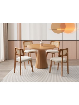 Viento Mobilya Orkide Yuvarlak Kayın Renk Mdf Sabit 100X100 Masa 4 Adet Zion Calve Kumaş Naturel Ahşap Iskelet Sandalye Masa Takımı