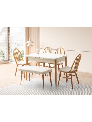 Viento Mobilya Atina Kar Beyaz Renk Highgloss Açılır 110X70 Masa 4 Adet Bambu Sandalye 1 Adet Carla Calve Kumaş Naturel Ahşap Iskelet Bank Masa Takımı