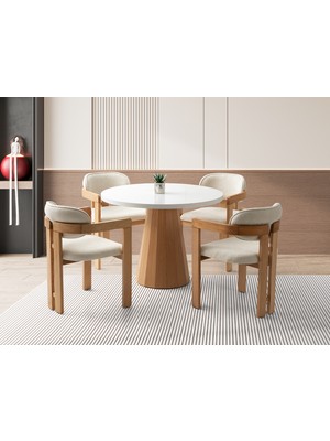 Viento Mobilya Orkide Yuvarlak Kar Beyaz Renk Highgloss Sabit 100X100 Masa 4 Adet Viyana Calve Kumaş Naturel Ahşap Iskelet Sandalye Masa Takımı